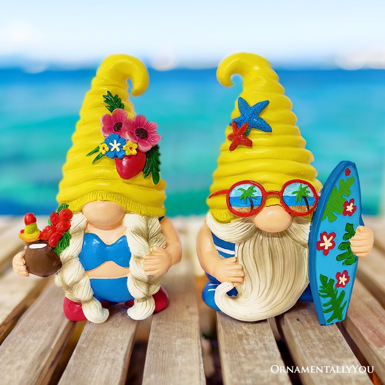Tropical Beach Gnome Duo Figurine Set, Cute 6" Summer Decoration Garden Statue
